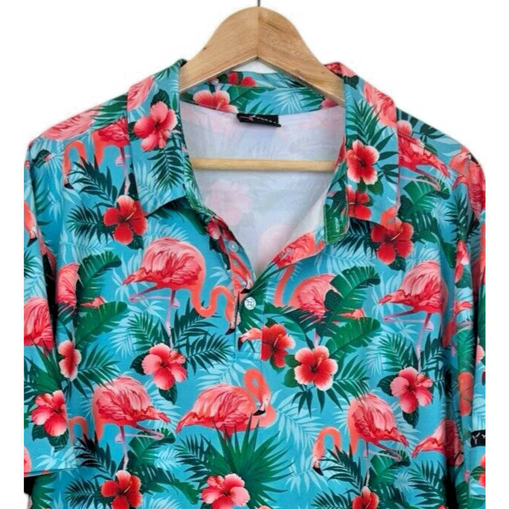 Yatta Golf Polo Shirt Men‎ XL Pink Flamingo Hawaiian Performance Stretch Wicking - Picture 2 of 5